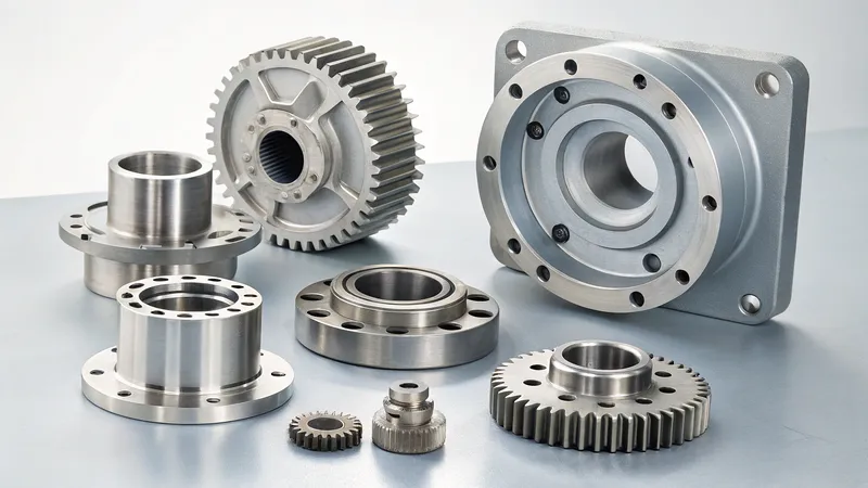 A variety of metallic gear components displayed on a flat surface