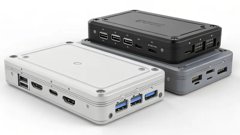 Three GPD portable mini PCs in white, gray, and black stacked together