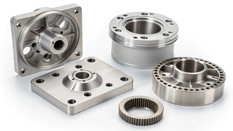 Several metallic components for a harmonic drive system on a white background