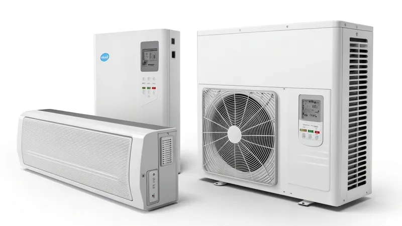 Image of three components of a heat pump system including an indoor unit, outdoor unit, and control panel