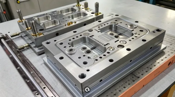 A close-up view of a precision-engineered injection mold with metallic components on a workbench