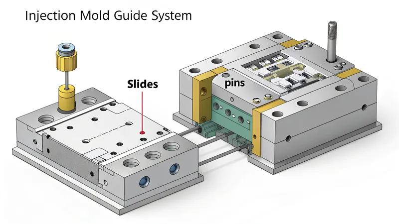 Diagram of an injection mold guide system with labeled components including slides and pins.