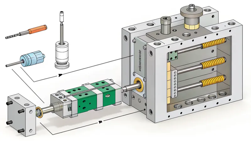 Illustration of an injection molding system with various components such as screws, molds, and other mechanical parts