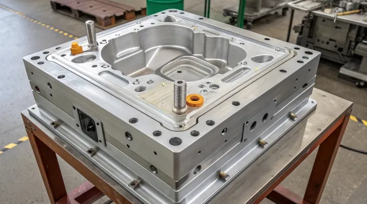 Una herramienta de moldeo por inyección de metal colocada en una mesa en un entorno industrial.