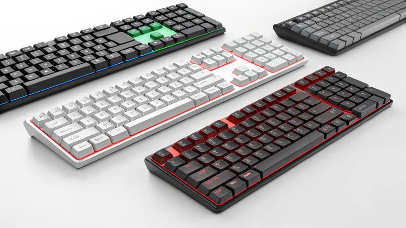 A collection of colorful mechanical keyboards arranged on a surface