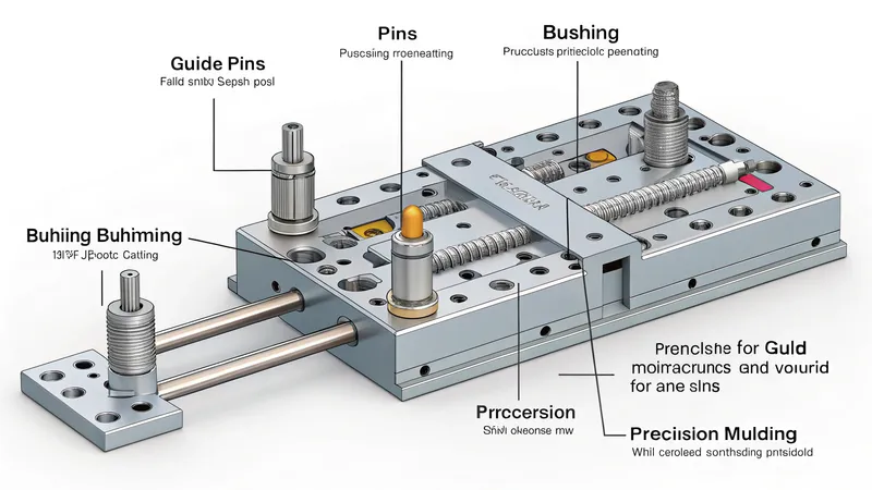 Diagram of a mechanical component with labeled parts such as guide pins, bushings, and precision molding