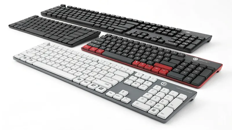 A collection of three mechanical keyboards in different designs and colors