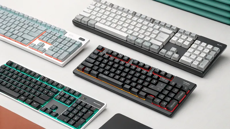 Four different mechanical keyboards with varying keycap colors and backlighting