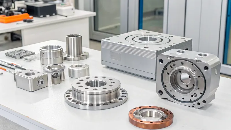 Various metal components and parts arranged on a table in an industrial setting
