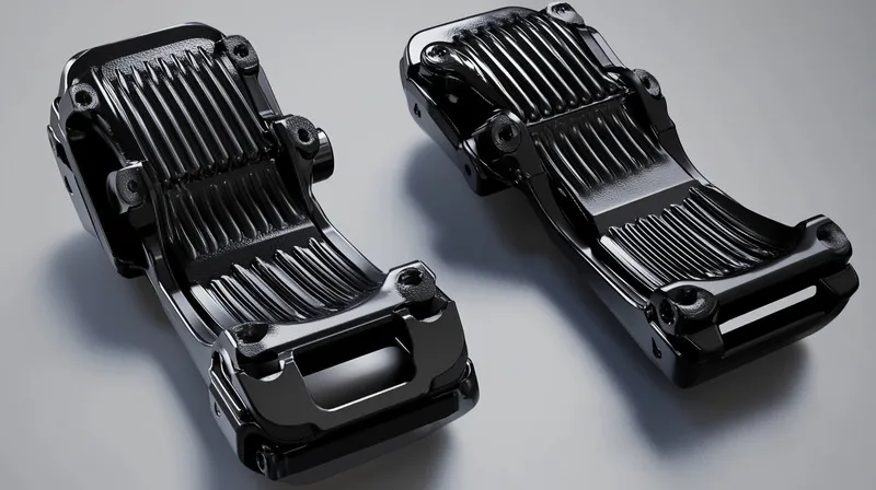 Two black metallic components with ribbed design on a gray surface
