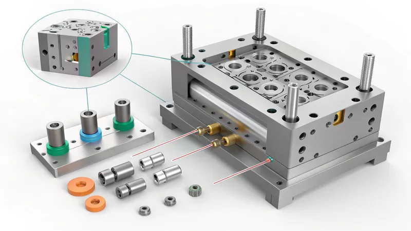 Components and assembly of a metal injection molding tool with various inserts and pieces
