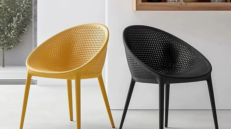 Two modern chairs, one yellow and one black, with perforated designs