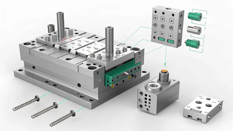 Image showing a detailed view of multiple modular components used in injection molding, including metal blocks, screws, and connectors