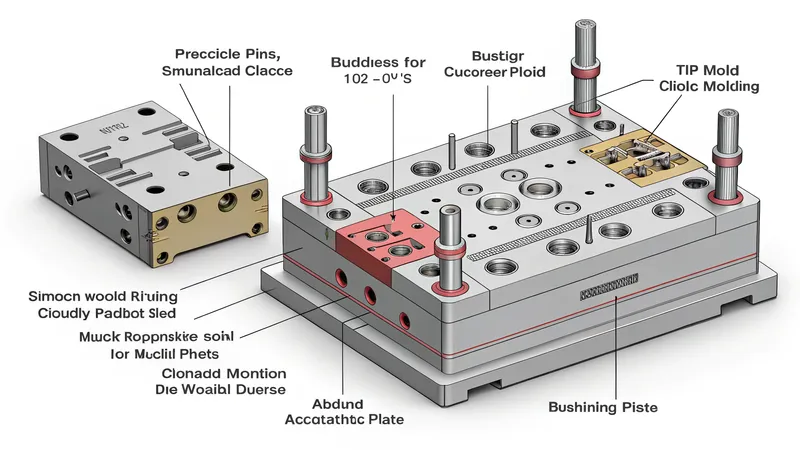 Illustration showing parts of a mold assembly with labels for various components