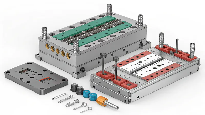 A detailed view of a mold base assembly with various components and parts, including screws and inserts