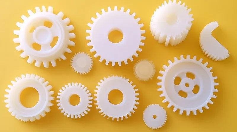Various white plastic gears arranged on a yellow background.