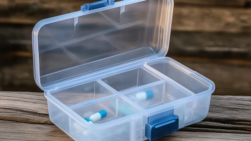 A clear plastic pill organizer with multiple compartments, some containing blue and white capsules, placed on a wooden surface