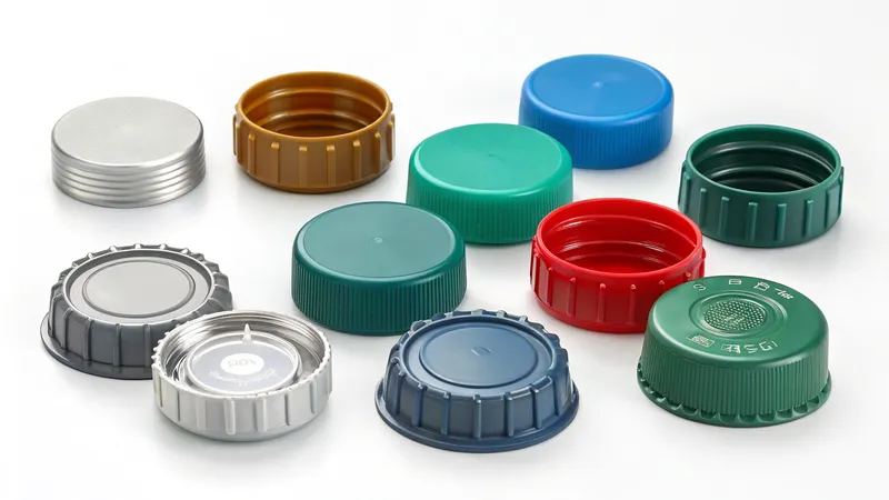 Various colored plastic bottle caps arranged on a white surface