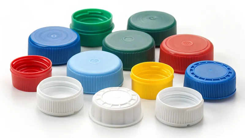 A collection of various colored plastic bottle caps on a white surface