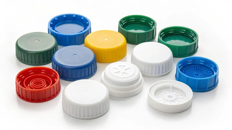 Various colored plastic bottle caps arranged on a surface