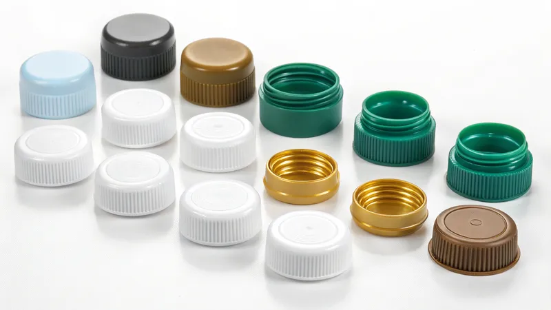 A collection of plastic bottle caps in various colors and designs, including white, blue, black, gold, green, and brown arranged on a white background