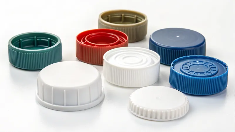 Assorted colored plastic bottle caps on a white surface