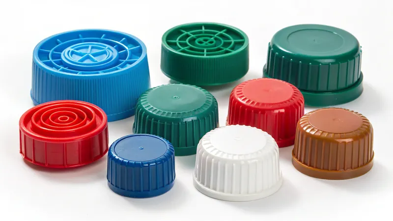 A variety of colored plastic bottle caps arranged on a white background