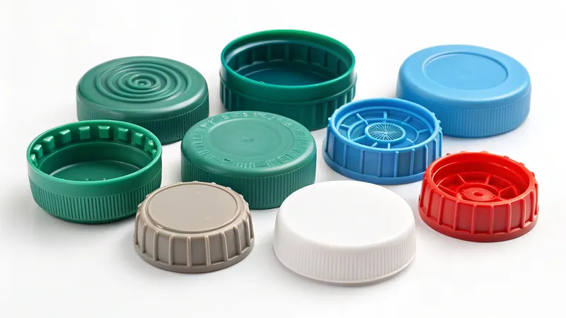A selection of various colored plastic bottle caps arranged on a white surface