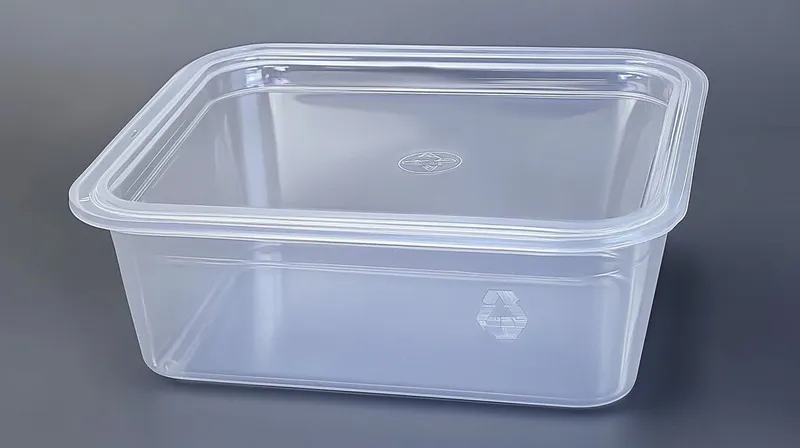 A clear plastic container with a rectangular shape and recycle symbol on its side