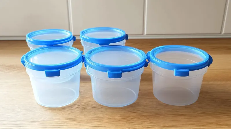 Five transparent plastic food containers with blue lids on a wooden surface