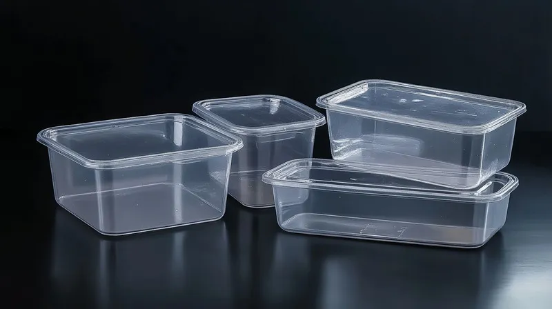 Four clear plastic food containers of different sizes=