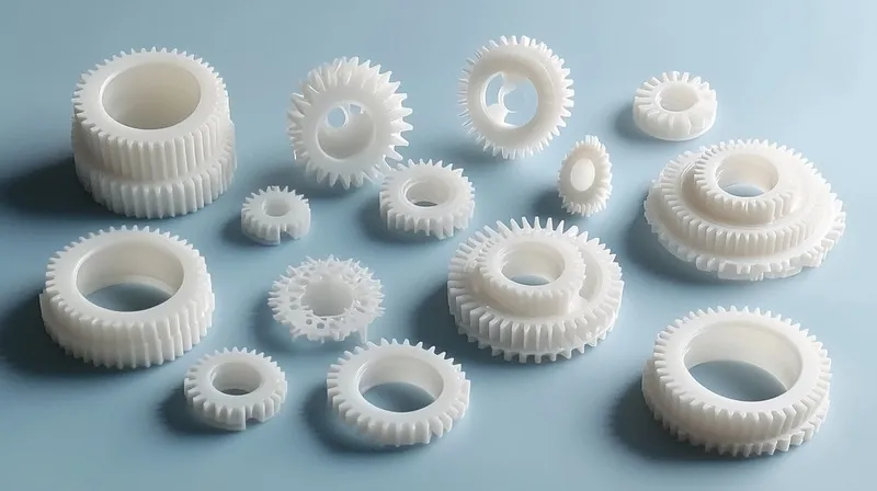 A collection of various white plastic gears arranged on a light blue surface