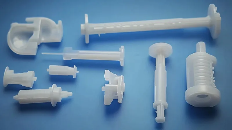 Various white plastic components laid out on a blue surface
