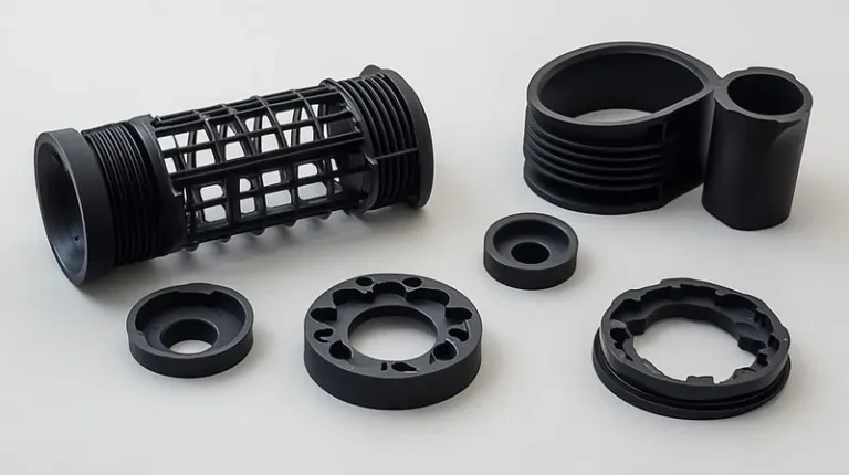 Various black plastic injection molding parts on a white surface.