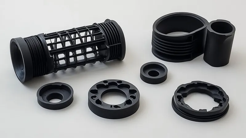 Diverses pièces de moulage par injection en plastique noir sur une surface blanche.