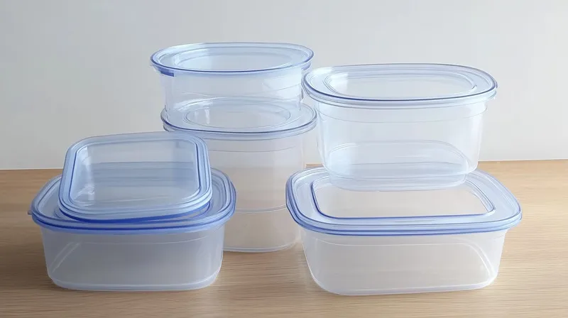 A set of six transparent plastic storage containers with blue lids on a wooden surface