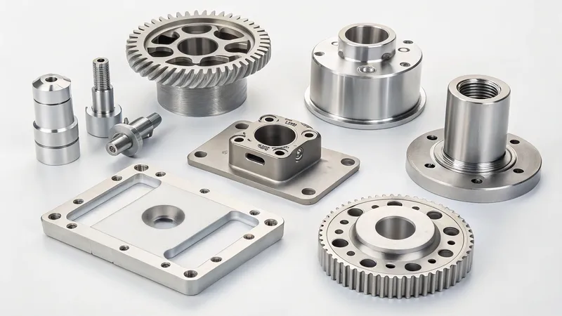 A collection of precision machined metal parts including gears, flanges, and blocks