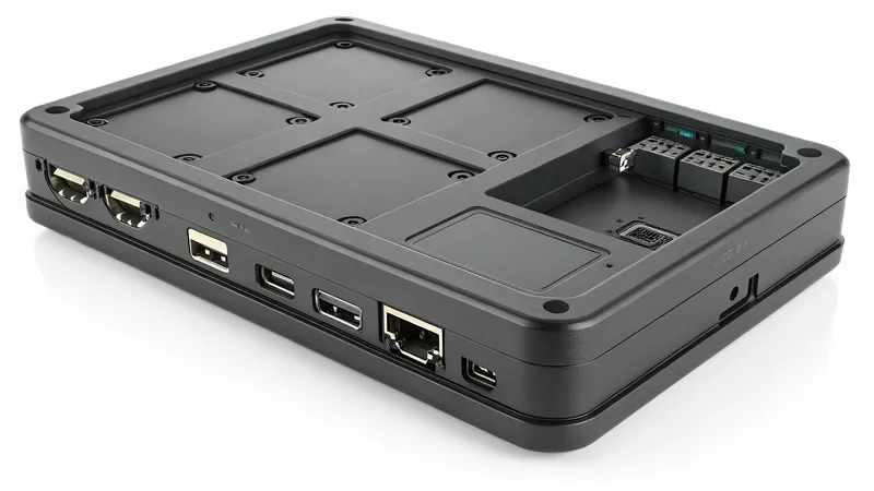 A black industrial case designed for Raspberry Pi CM4 with multiple ports on the side