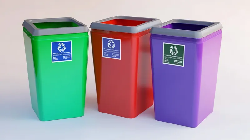 Three recycling bins in green, red, and purple with labels on each, indicating their specific collection purposes