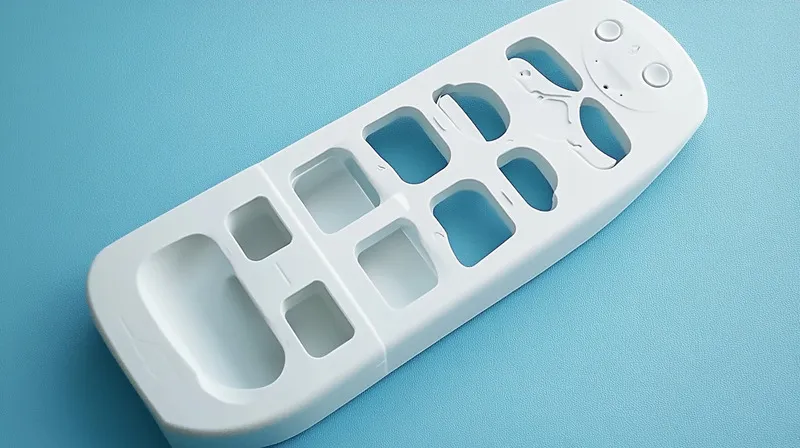 A white plastic remote control cover with cutouts for buttons on a blue background.