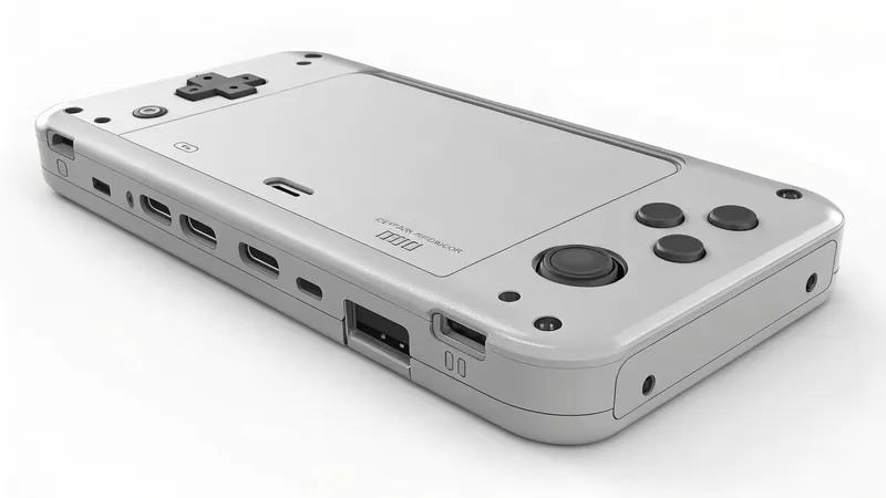 A silver handheld retro gaming console with several buttons and ports, including a D-pad and joystick