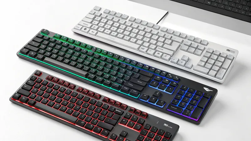 Three keyboards: one white and two black with RGB lighting