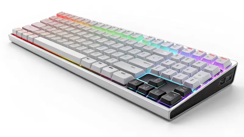 A mechanical keyboard with RGB lighting displaying a spectrum of colors. It features a side number pad and a sleek design