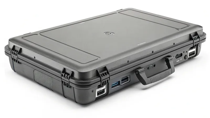 A rugged portable workstation with a suitcase-like design, featuring multiple ports and a handle