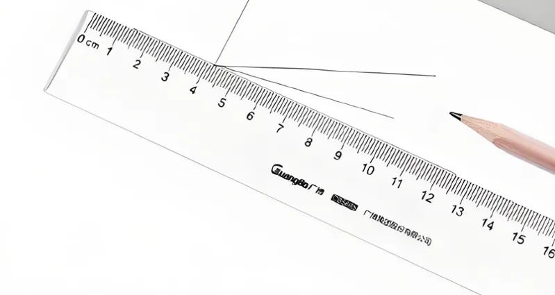 A transparent ruler with measurements in centimeters, placed next to a pencil on a sheet of paper with drawn lines
