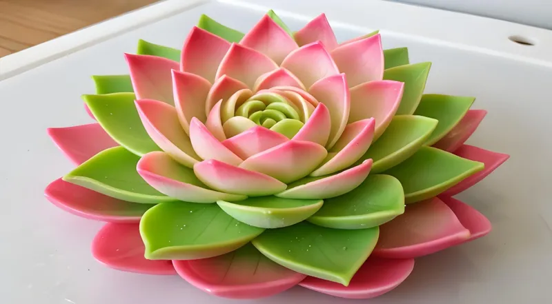 An intricately carved soap in the shape of a colorful flower with pink and green petals.