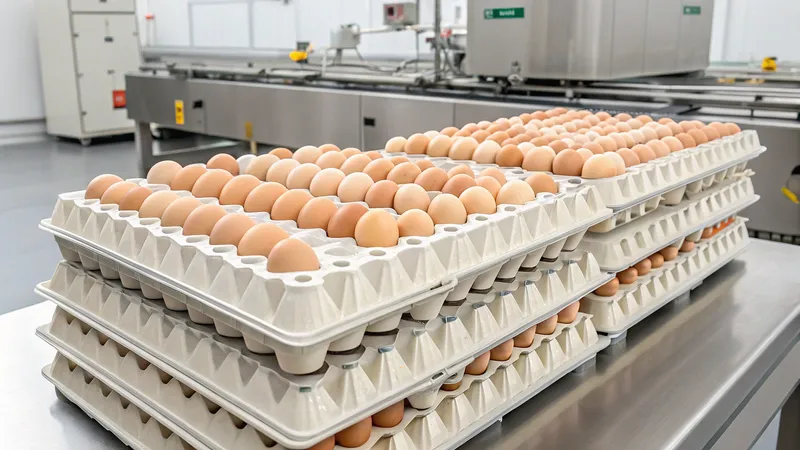 Multiple stacks of eggs in trays on a table in a food processing facility