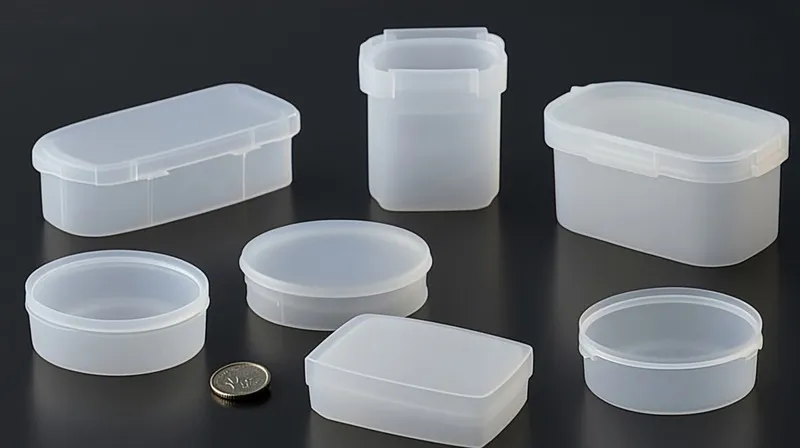 A collection of translucent storage containers in various shapes and sizes, placed on a dark surface with a small coin for scale