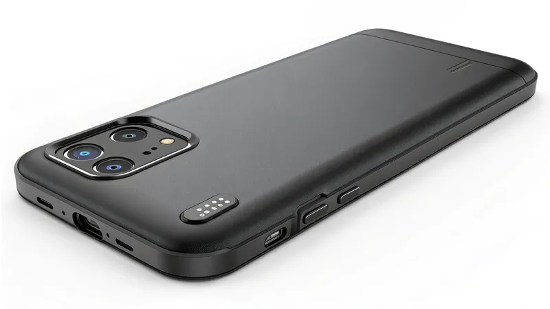 A sleek black phone case with visible camera and buttons.