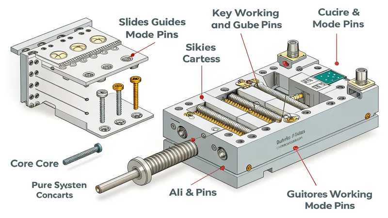 An illustration showing a technical device with various labeled components including slides, guides, pins, and cores